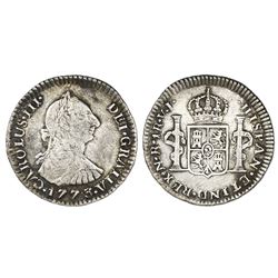 Bogota, Colombia, bust 1 real, Charles III, 1773VJ, dot between V and J.