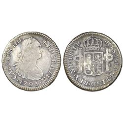 Bogota, Colombia, bust 1 real, Charles IV, 1795JJ, no dot between N and R, dot between J's.
