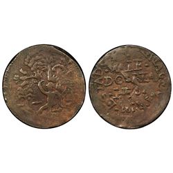 Cartagena, Colombia, copper 2 reales (provisional), 1814, retrograde 4, PCGS VF30 BN, ex-Eldorado.