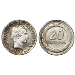 Bogota, Colombia, pattern 20 centavos, 1951-B, NGC MS 65, finest known in NGC census.