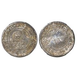 Costa Rica, 1/2 real, "lion" countermark (Type VI, 1849-57) on a Costa Rica (Central American Republ
