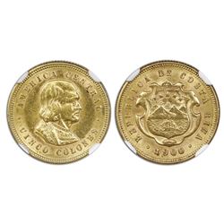 Costa Rica, gold 5 colones, 1900, Columbus, NGC MS 62.