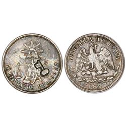 Cuba, 50 centavos, short key countermark (1872-77) on a San Luis Potosi, Mexico, 50 centavos, 1872O,