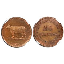 Cuevitas (Matanzas province), Cuba, copper 20 centavos token, dated 1876, J. Polledo, rare, NGC MS 6