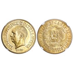 Dominican Republic, gold 30 pesos, 1955, Trujillo regime 25th anniversary, NGC MS 61.