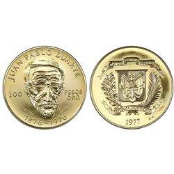 Dominican Republic, gold 200 pesos, 1977, centennial of Duarte's death.