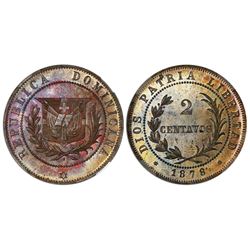 Dominican Republic, proof bronze essai 2 centavos, wreath type, 1878-E, wreath type, NGC PF 65 BN.