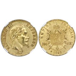 France (Paris mint), gold 100 francs, Napoleon III, 1865-A, NGC MS 62.