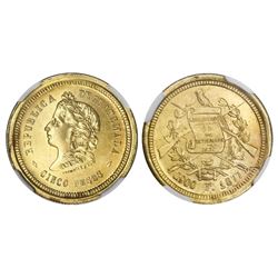 Guatemala, gold 5 pesos, 1877F, NGC MS 63.