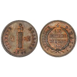 Haiti (struck at the Paris mint), specimen bronze 6-1/4 centimes, 1846, unique.