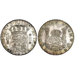 Mexico City, Mexico, pillar 8 reales, Charles III, 1766MF.