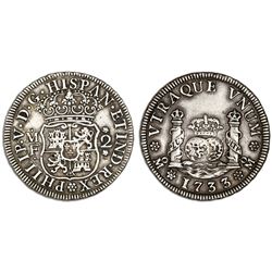 Mexico City, Mexico, pillar 2 reales, Philip V, 1733MF, pellet above and below assayer, cinquefoils