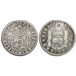 Mexico City, Mexico, pillar 2 reales, Philip V, 1733MF, pellet above and below assayer, cinquefoils 