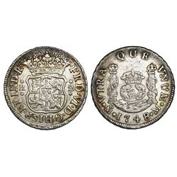 Mexico City, Mexico, pillar 2 reales, Ferdinand VI, 1748/7M, pellets at beginning and end of shield-