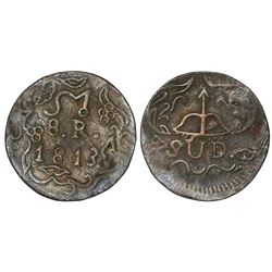 Oaxaca (Morelos/SUD), Mexico, copper 8 reales, 1813, ornate fields, NGC XF 45 BN.