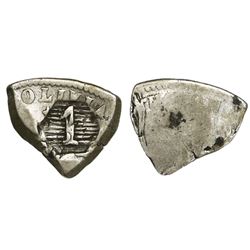 Paraguay, 1 real, irregular 1/4 cut (War of the Triple Alliance, 1865-70) of a Potosi, Bolivia, 4 so