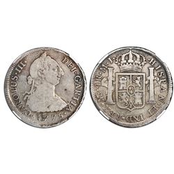 Lima, Peru, bust 4 reales, Charles III, 1775MJ, "GARTIA" error, NGC F 12.