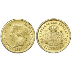 Philippines (under Spain), gold 2 pesos, Isabel II, 1861/0, NGC AU 55.