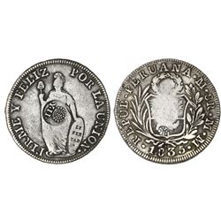 Philippines (under Spain), 8 reales, Isabel, crowned Y-II countermark (1834-37) on a Lima, Peru, 8 r