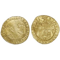 Seville, Spain, gold double excelente, Ferdinand-Isabel, four dots in cross-shape at top and mintmar