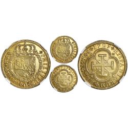 Seville, Spain, milled gold 8 escudos, Philip V, 1729P, NGC AU 58.