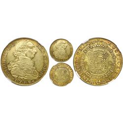 Madrid, Spain, bust gold 8 escudos, Charles III, 1786/74DV, NGC MS 61, finest known in NGC census.