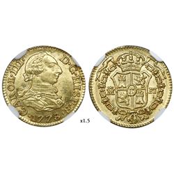 Madrid, Spain, bust gold 1/2 escudo, Charles III, 1778PJ, NGC MS 64.