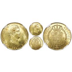Seville, Spain, bust gold 2 escudos, Ferdinand VII, 1827JB, NGC MS64+, finest known in NGC census.