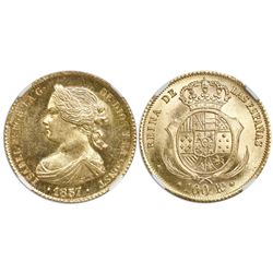 Barcelona, Spain, gold 100 reales, Isabel II, 1857, eight-point star mintmark, NGC MS 64.