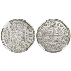 Seville, Spain, milled 1 real "half pistareen," Philip V, 1726J, NGC MS 64.