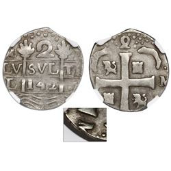 Caracas, Venezuela, 2 reales "imitation cob," date as 142 date (early 1800s), struck over a Spanish 