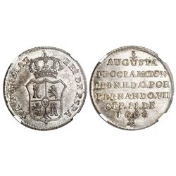 Colombia, silver 2R-sized proclamation medal, Ferdinand VII, 1808, pomegranates at top and bottom, N