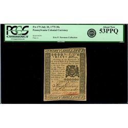 Pennsylvania, 30 shillings, July 20, 1775, plate A, serial 6591, PCGS AU 53 PPQ, ex-Newman.