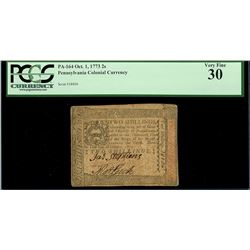 Pennsylvania, 2 shillings, Oct. 1, 1773, serial 28806, PCGS VF 30.