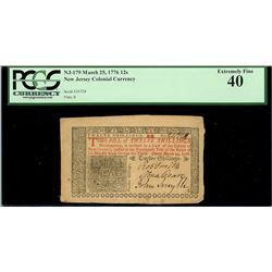 New Jersey, 12 shillings, March 25, 1776, plate B, serial 24728, PCGS XF 40.