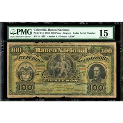 Bogota, Colombia, Banco Nacional, 100 pesos, 1-3-1888, series A, serial 15351, radar serial number,