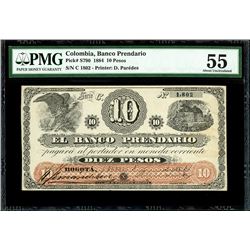 Bogota, Colombia, Banco Prendario, 10 pesos, 1-6-1884, series C, serial 1802, PMG AU 55.