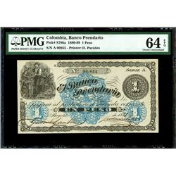 Bogota, Colombia, Banco Prendario, 1 peso, 1881, series A, serial 00855, PMG Choice UNC 64 EPQ.