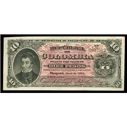 Bogota, Colombia, Republica de Colombia, 10 pesos, 1904, serial 0927812.