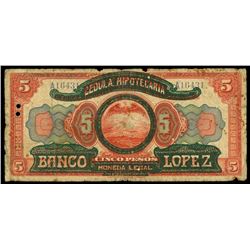 Bogota, Colombia, Banco Lopez, 5 pesos, 1-5-1919 overprint on Banco del Ruiz, 5 pesos, 1919, serial