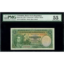 Bogota, Colombia, Banco de la Republica, 5 pesos oro, 1927, series M, serial 1687540, PMG AU 55.