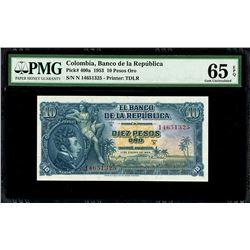 Bogota, Colombia, Banco de la Republica, 10 pesos oro, 1-1-1953, series N, serial 14651325, PMG Gem
