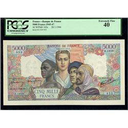Paris, France, Banque de France, 5000 francs, 28-3-1946, serial H.1959 953, PCGS XF 40.