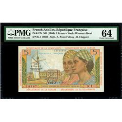 French Antilles, Republique Francaise, 5 francs, no date (1964), serial K.1 18867, PMG Choice UNC 64