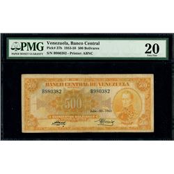 Caracas, Venezuela, Banco Central, 500 bolivares, 23-7-1953, serial B980382, PMG VF 20.