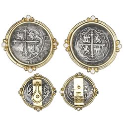 Pair of Mexico City, Mexico, cob 1R, Philip II, assayers not visible, mounted in 18K earrings with d