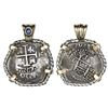 Image 1 : Lima, Peru, cob 1 real, 1707H, mounted cross-side out in twisted-wire silver bezel with gold prongs 