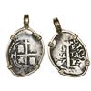 Image 1 : Potosi, Bolivia, cob 1 real, 1656E, mounted cross-side out in 14K bezel.