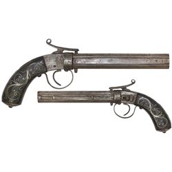 Over-under double-barrel percussion pistol, .34 caliber, 1800s.