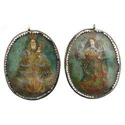 Large, ornate, silver reliquary pendant with painted virgin and child on both sides, Spanish colonia